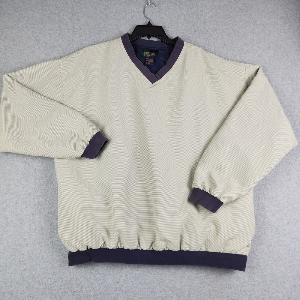 Fairway Sport Windshirt‎ Mens L Beige Striped V-Neck Lined Golf Pullover Pockets